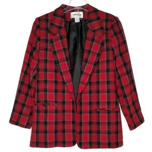 Vintage 90s Jonathan Logan Size 14 Red Wool Tartan Plaid Classic Blazer Jacket